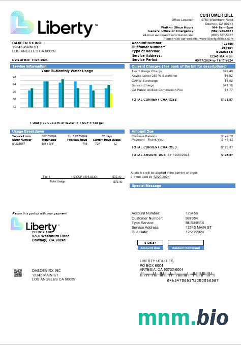 Usa California Liberty Utilities rachunek za usługi komunalne szablon w formacie Word i PDF